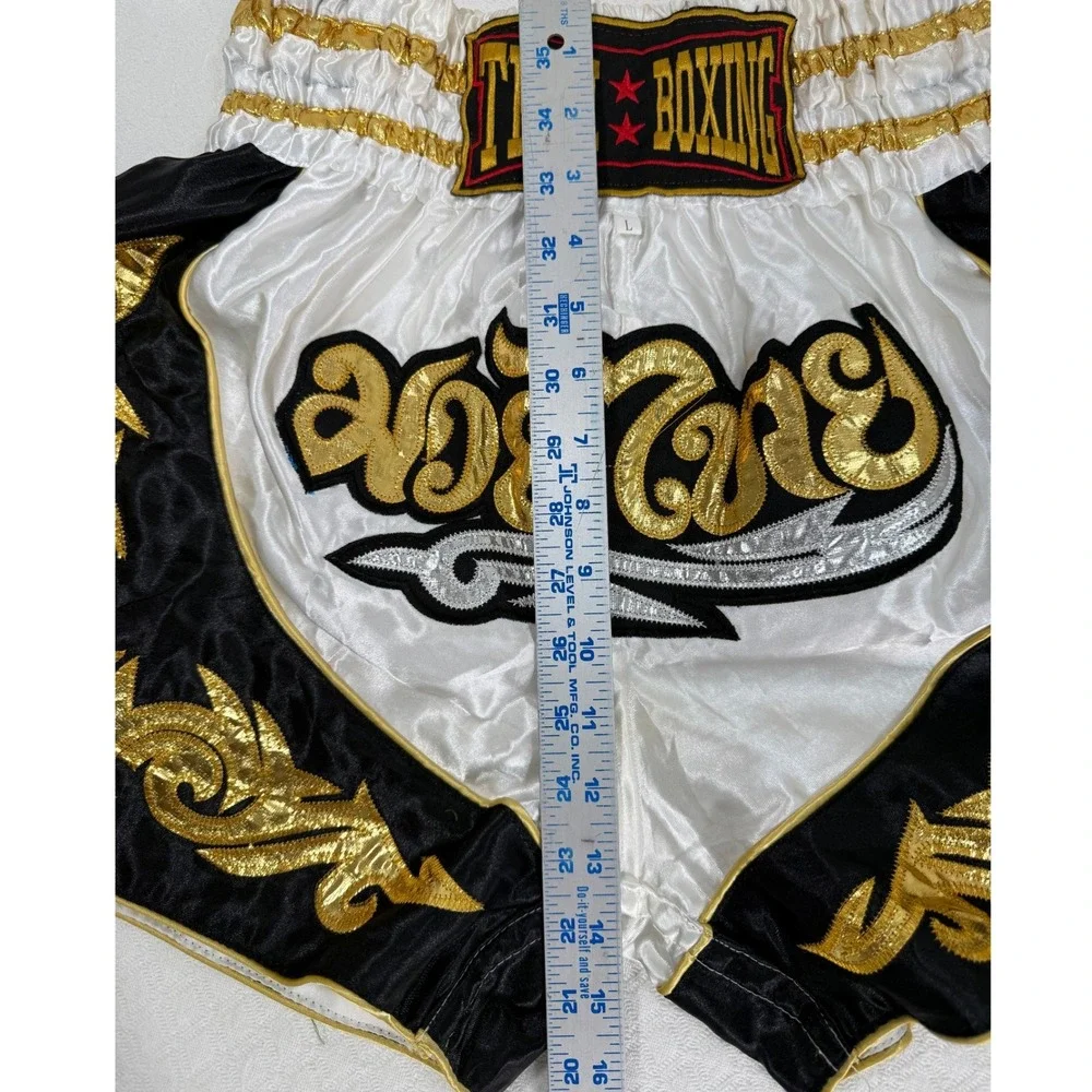 Thai Boxing Muay Thai Shorts Mens L Black White Gold Embroidered EUC